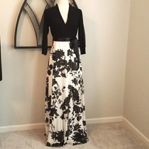 LESLIE FAY Floral Chiffon Overlay Gown with Black Surplice Top & Black S…